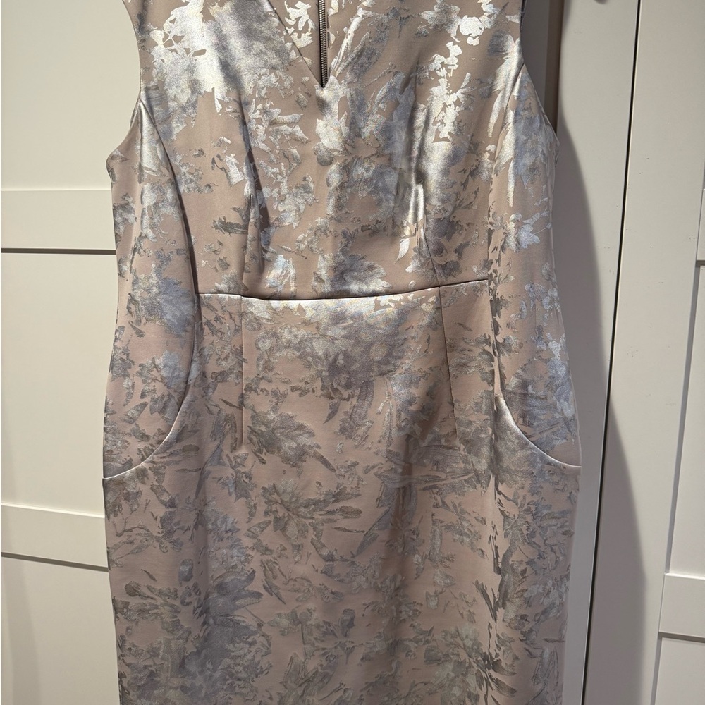 Calvin Klein Collection Silver and Cream Floral Midi Dress